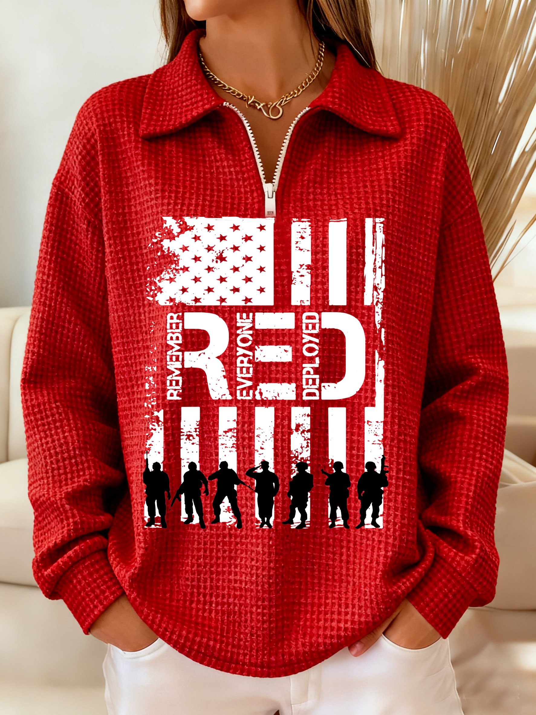 Women's Friday Let's Wear Red Remember All Veterans Print Waffle Lapel Top