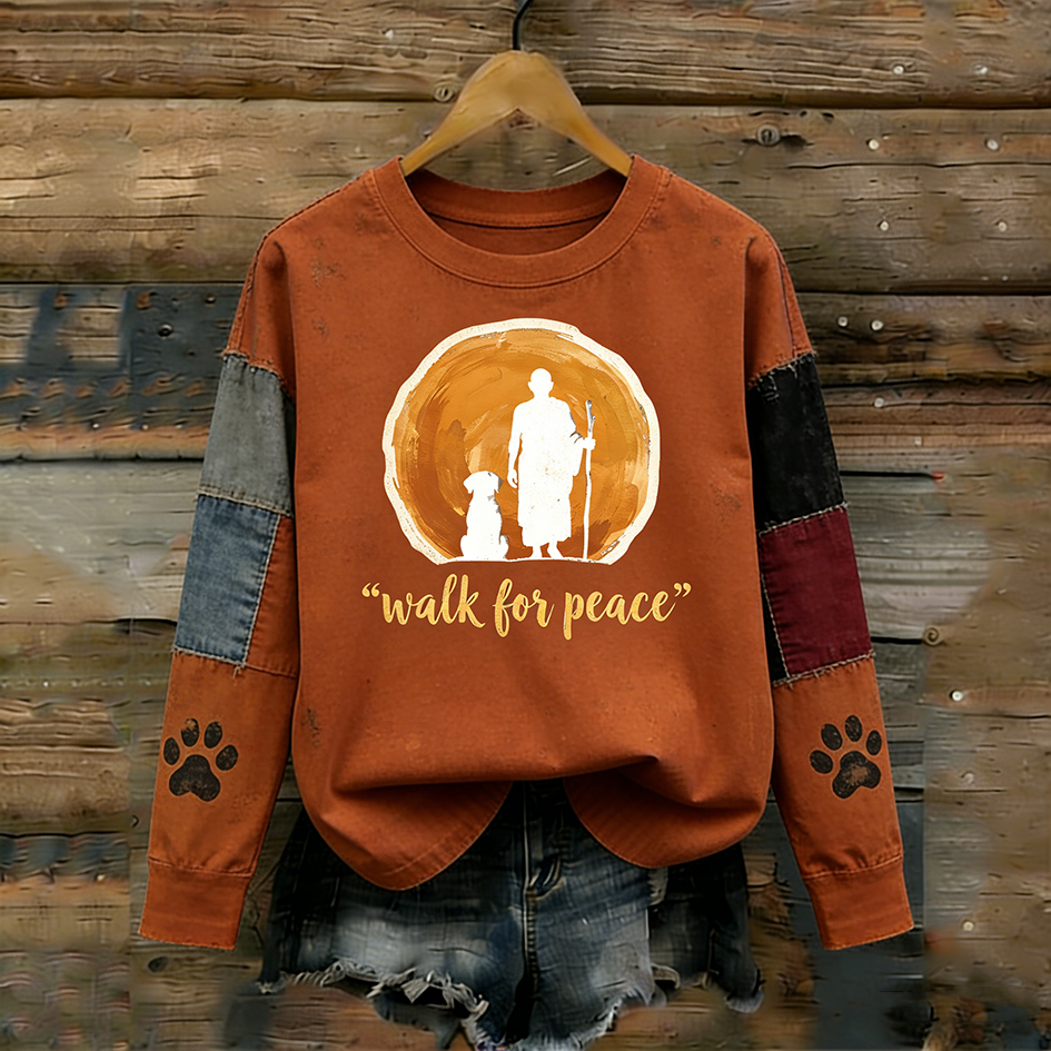 Walk For Peace Slogan Retro Print Round Neck Sweatshirt
