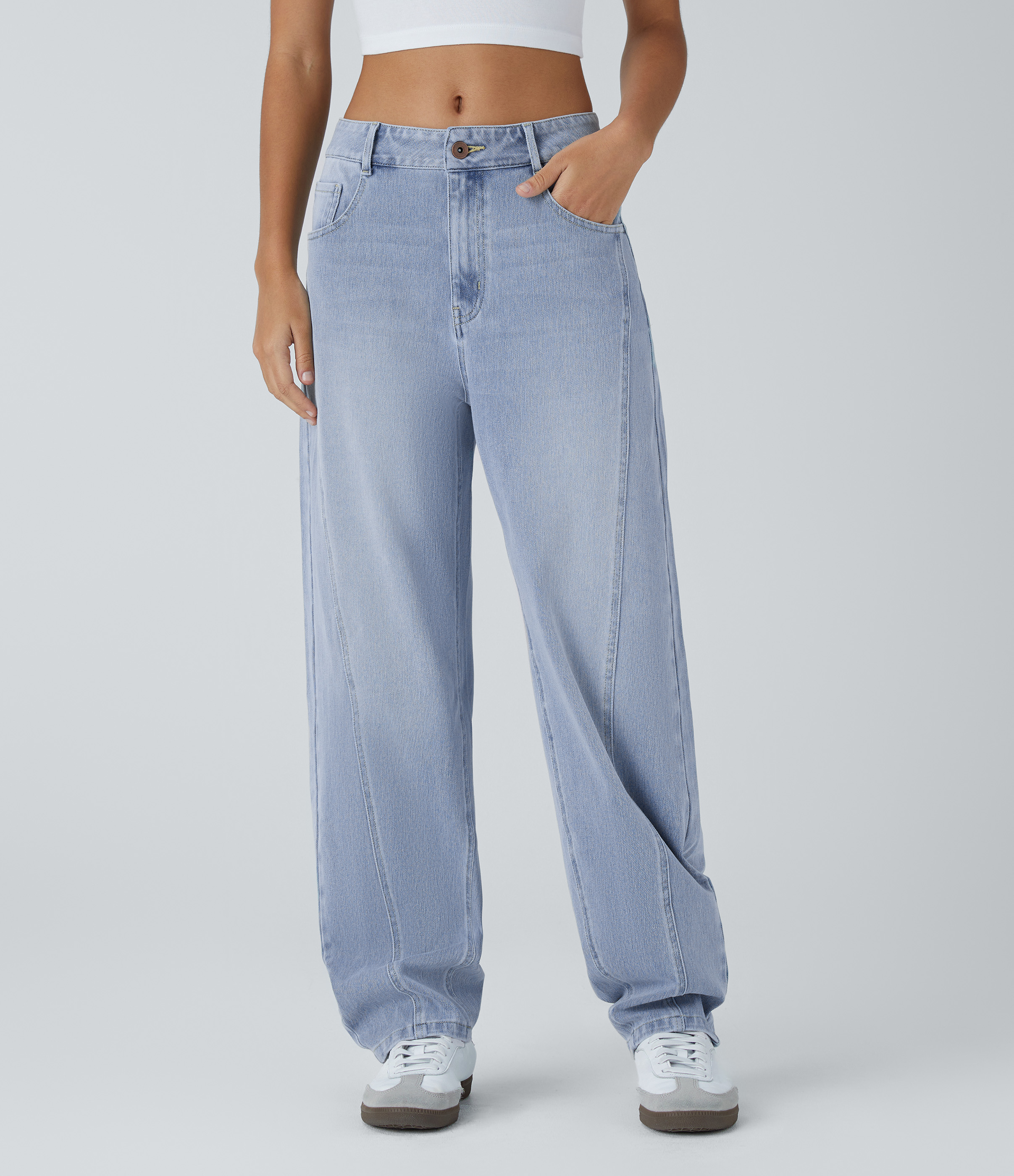 Halara Flex™ Mid Low Rise Zipper Pockets Washed Casual Baggy Mom Jeans