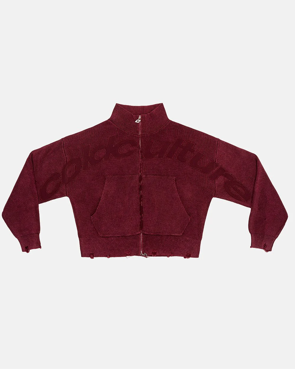DISTRESS CURVED ZIP KNIT BURGUNDY