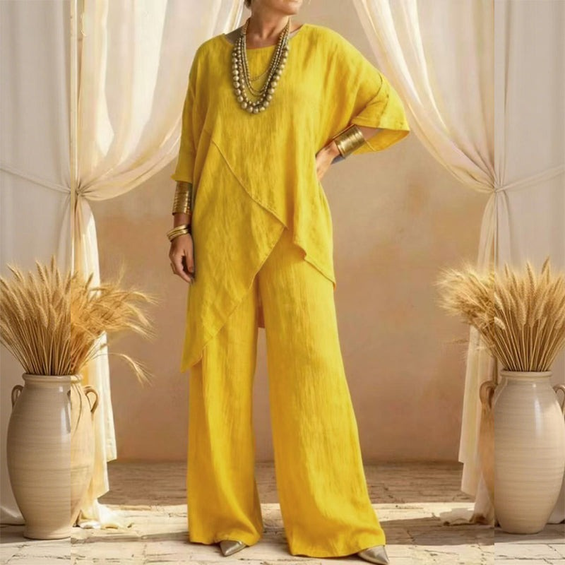 Women's Comfy Linen Blend Flowy Double Layer Design Top And Pants Two-piece Set