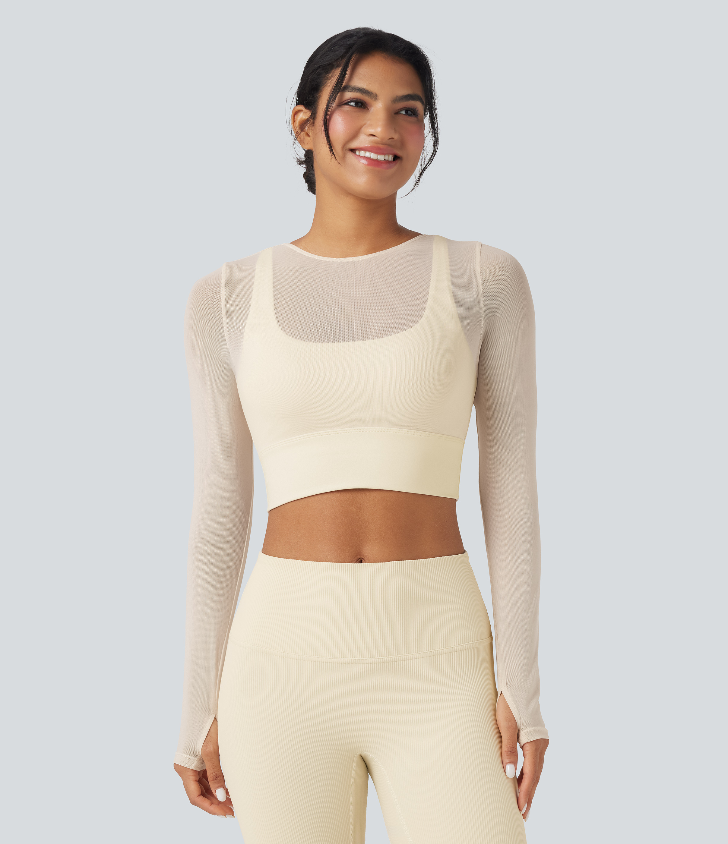 Contrast Mesh Long Sleeve Thumb Hole 2-in-1 Cropped Yoga Sports Top