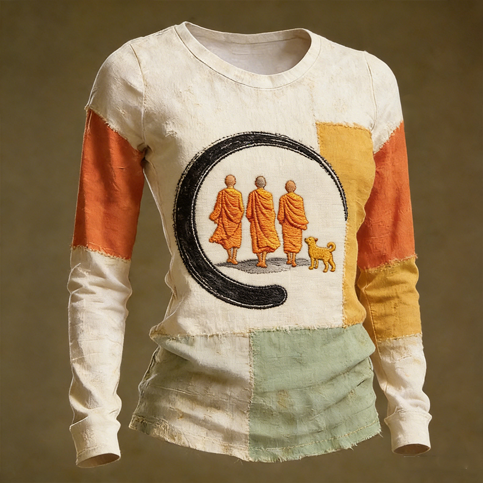 Walk For Peace Slogan Pattern Design Casual Color-blocked Long-sleeve T-shirt