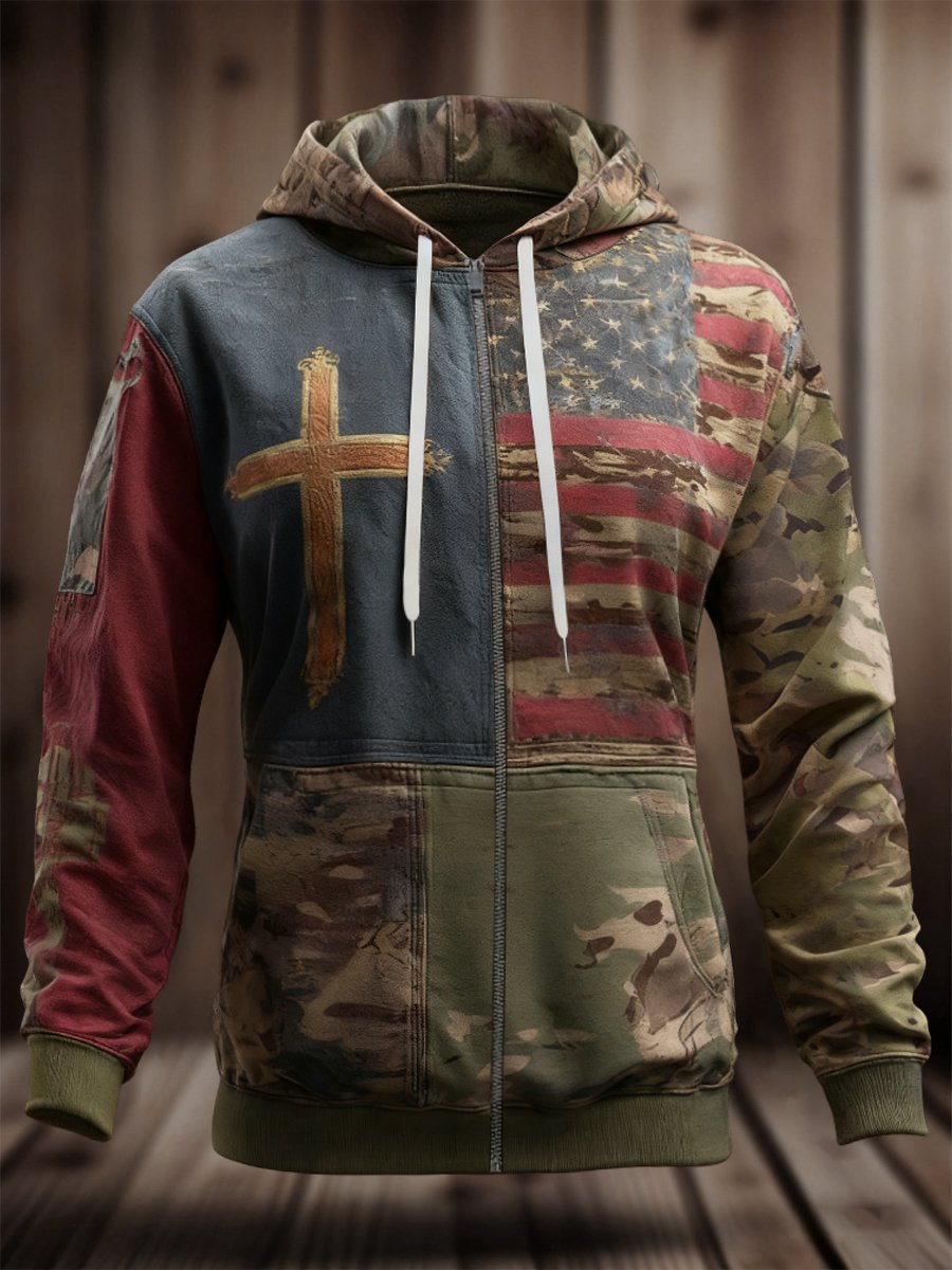 Women's Faith Camo American Flag Zip-Up Hoodie