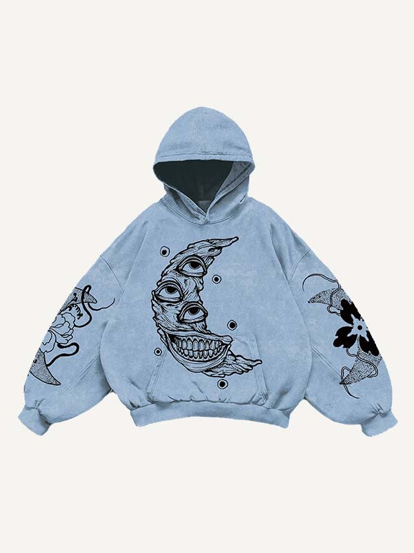 Evil Moon&Eye&Floral&Graphic Print Slant Pockets Hoodie