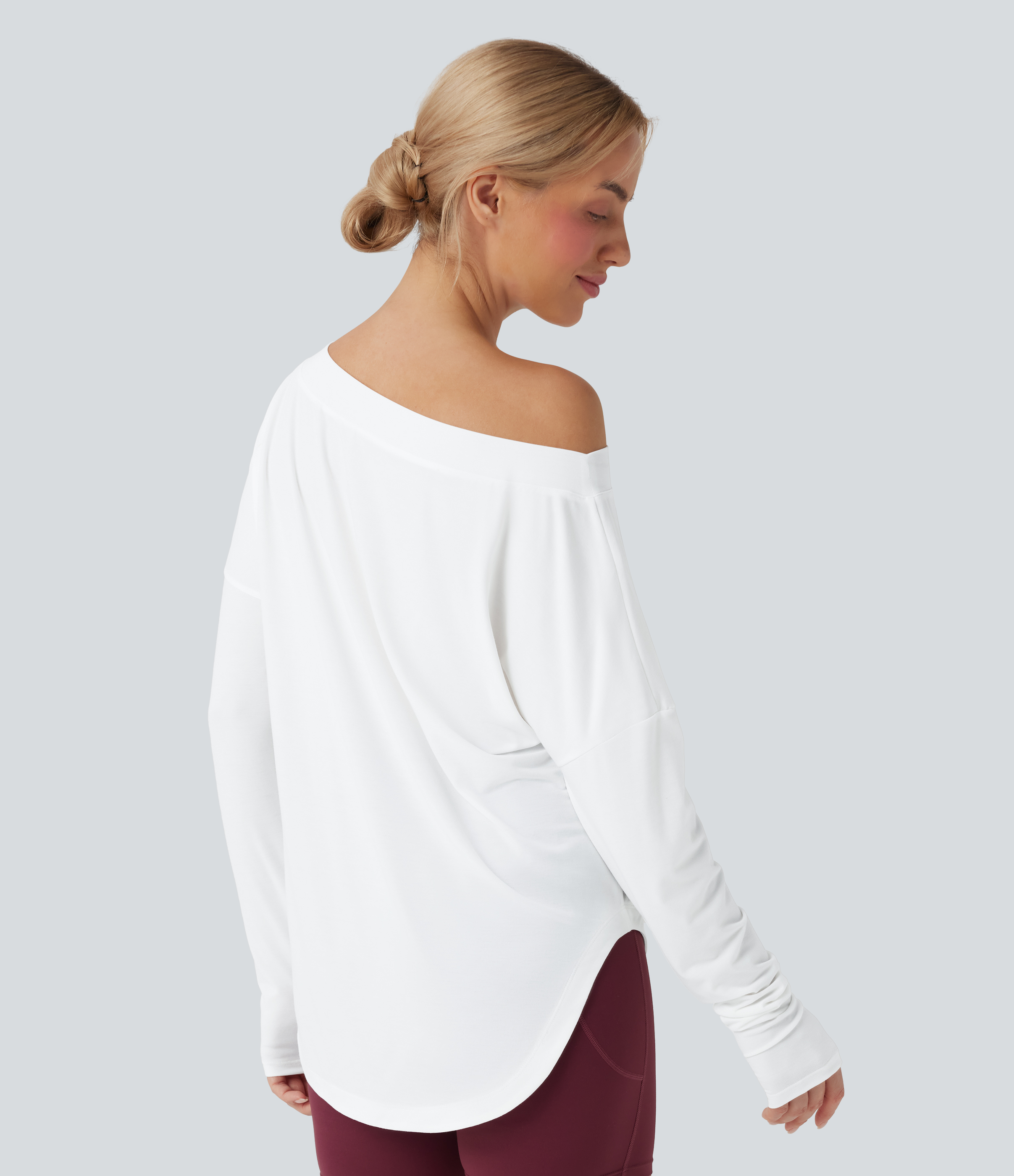 One Shoulder Long Sleeve Thumb Hole Curved Hem High Low Quick Dry Yoga Sports Top