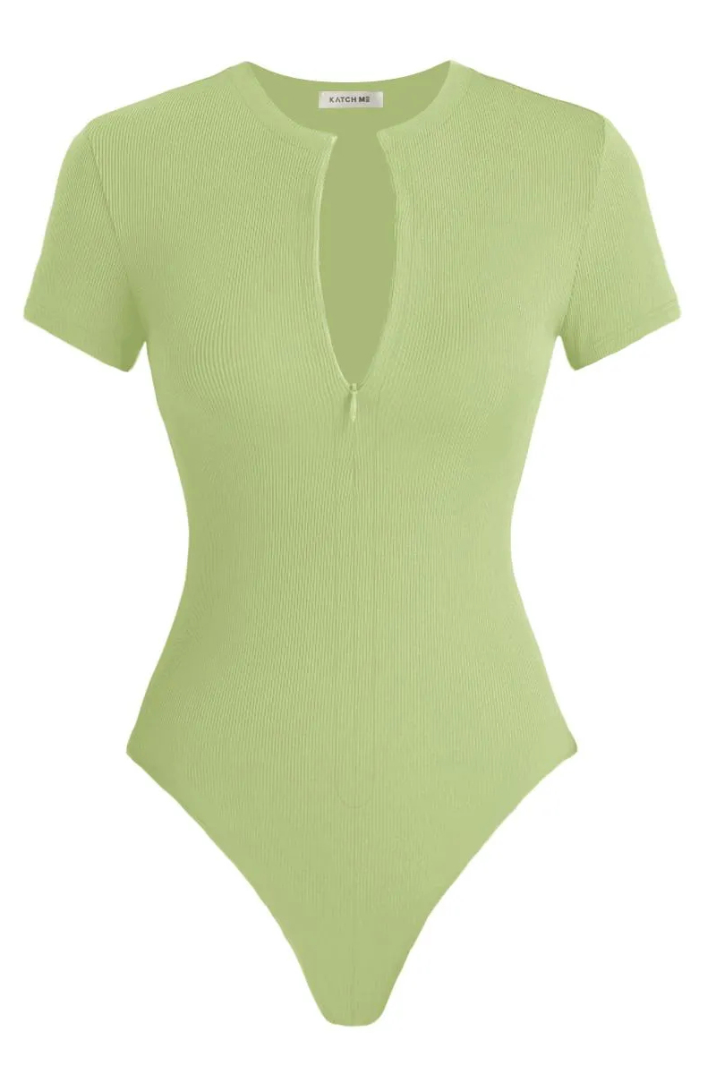 Versatile Plain Invisible Zipper Round Neck Short Sleeve Ribbed Bodysuit