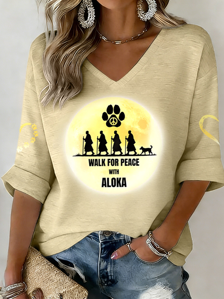 V-neck Retro Walk For Peace With Aloka Print T-shirt