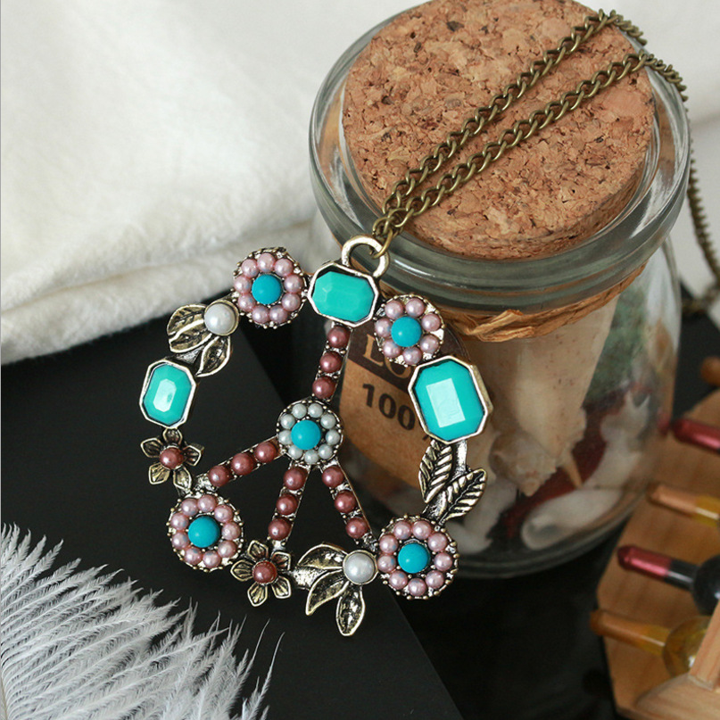 Retro Bohemian Style Flower Pearl Peace Sign Necklace