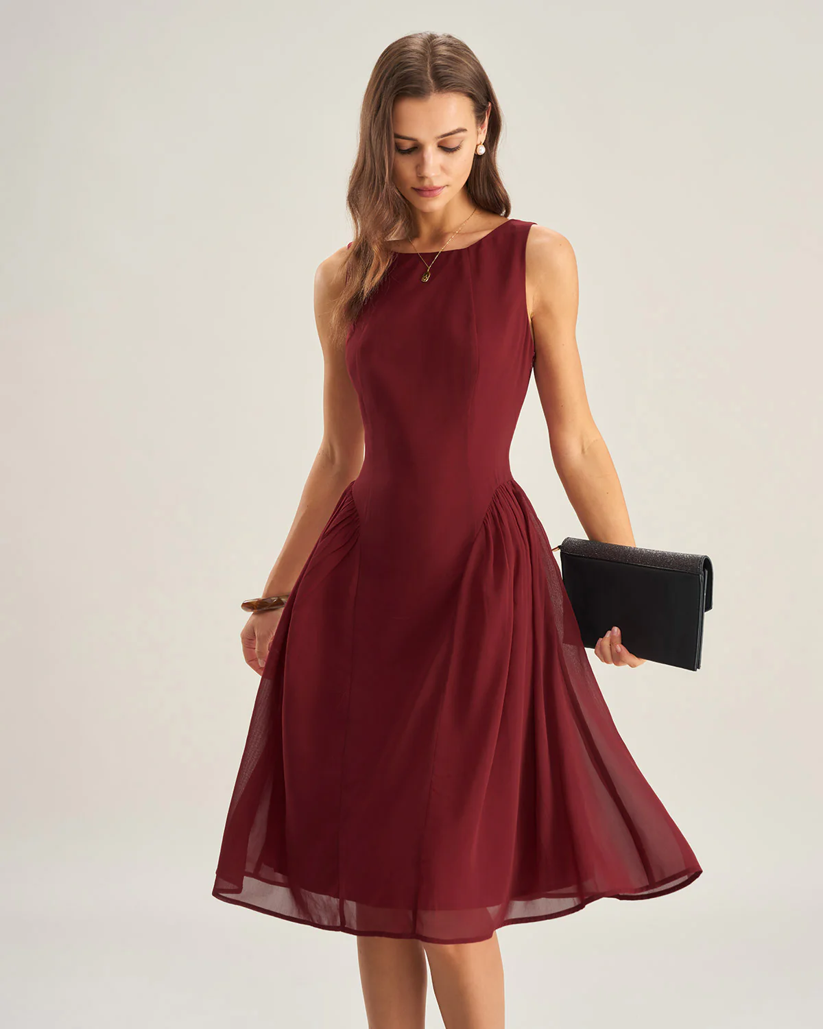 Wine Red Chiffon Sleeveless Midi Dress