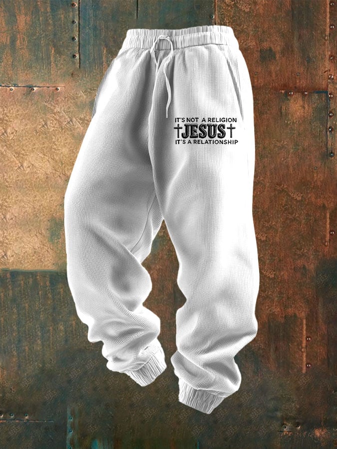 Men's It'S Not A Religion Jesus It'S A Relationship Print Textured Casual Loose Sweatpants