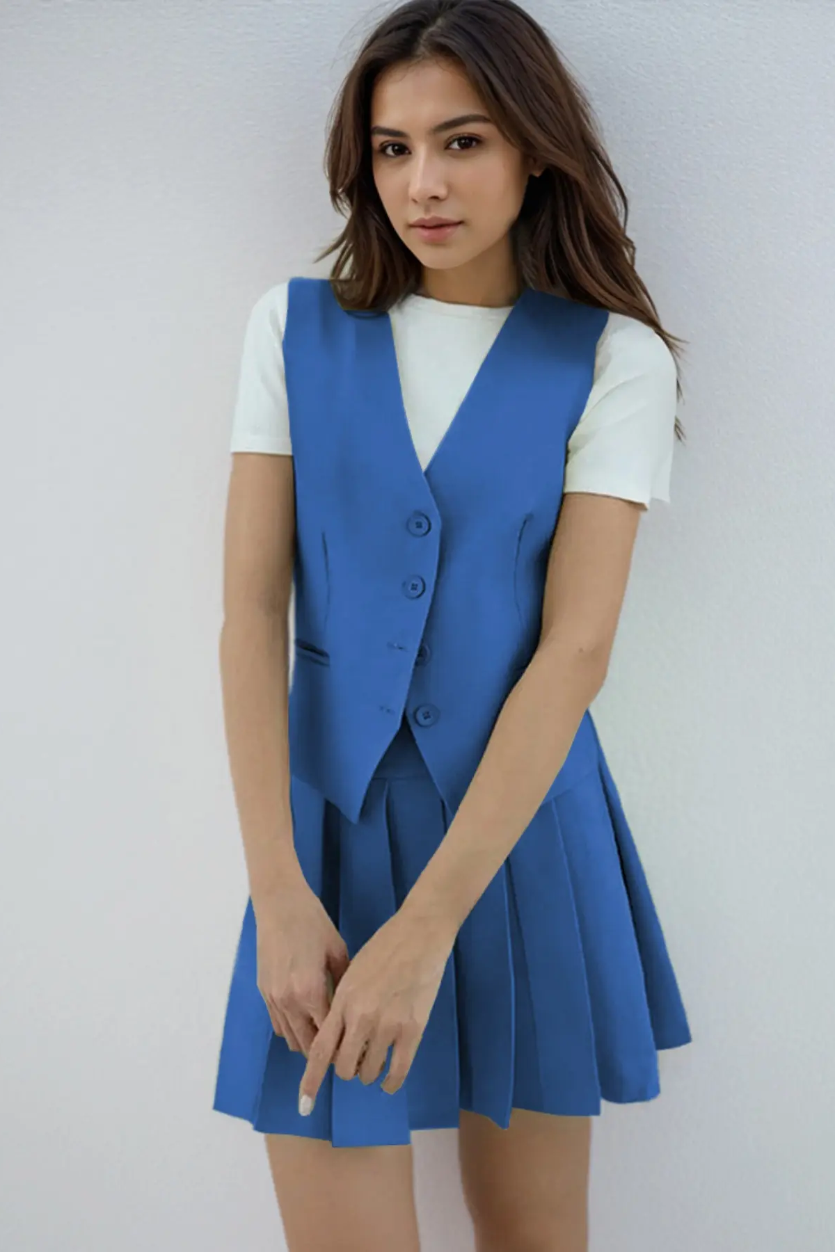 Summer Elegant V Neck Sleeveless Button Tank & Pleated Mini Skirt Co-ord