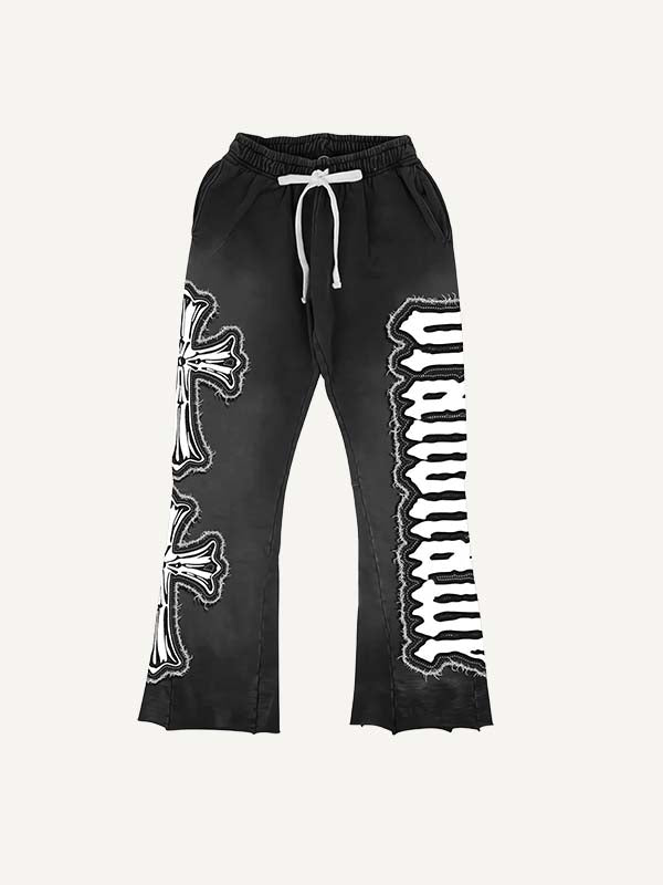 Cross&Letter Faux Decal Print Elastic Waist Pants