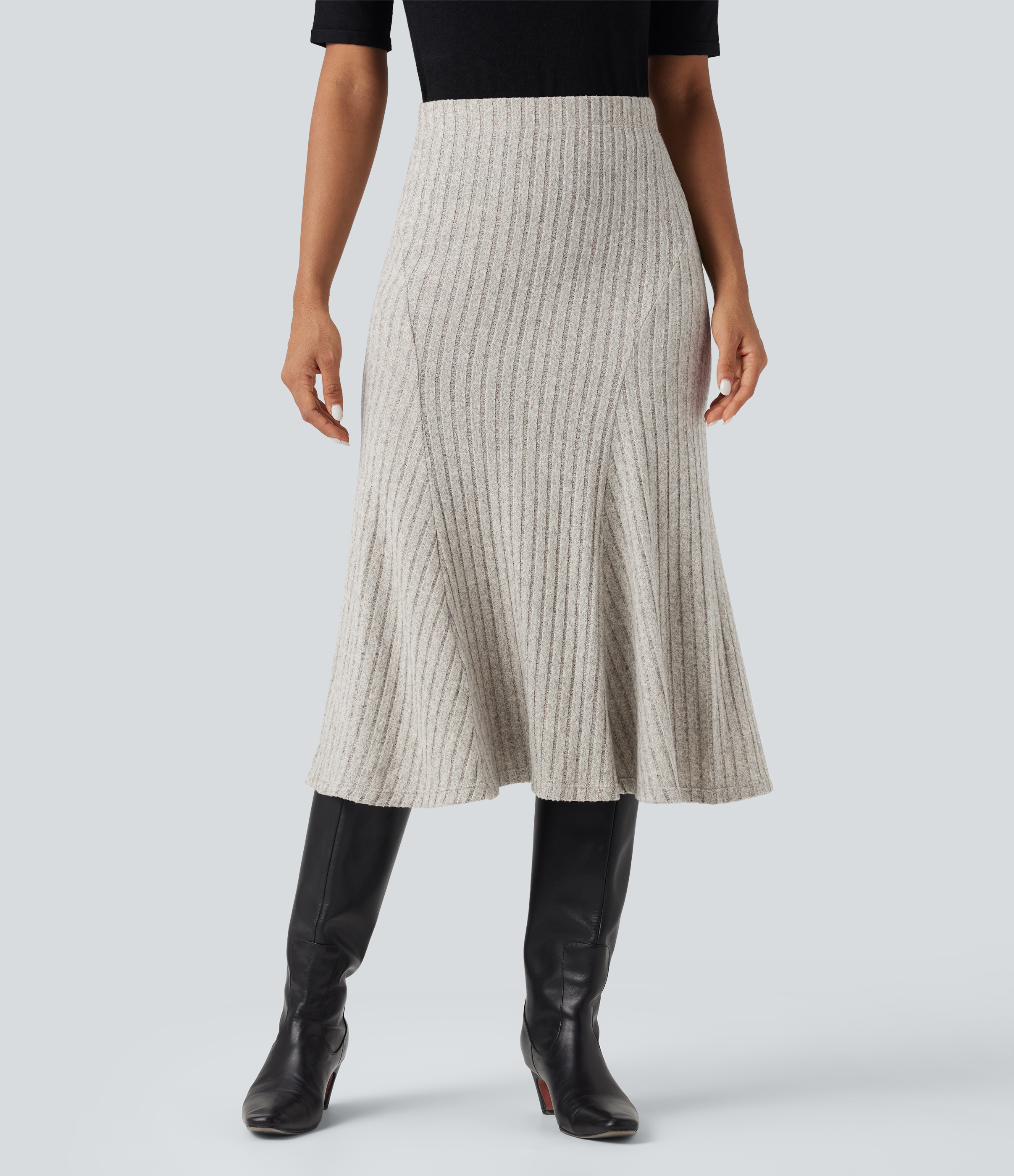 Ribbed Knit High-waisted Midi Casual A-line Skirt