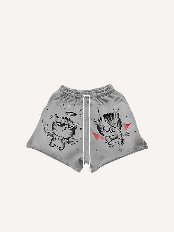 Little Angel&Devil Tiger&Wing Print Drawstring Waist Shorts