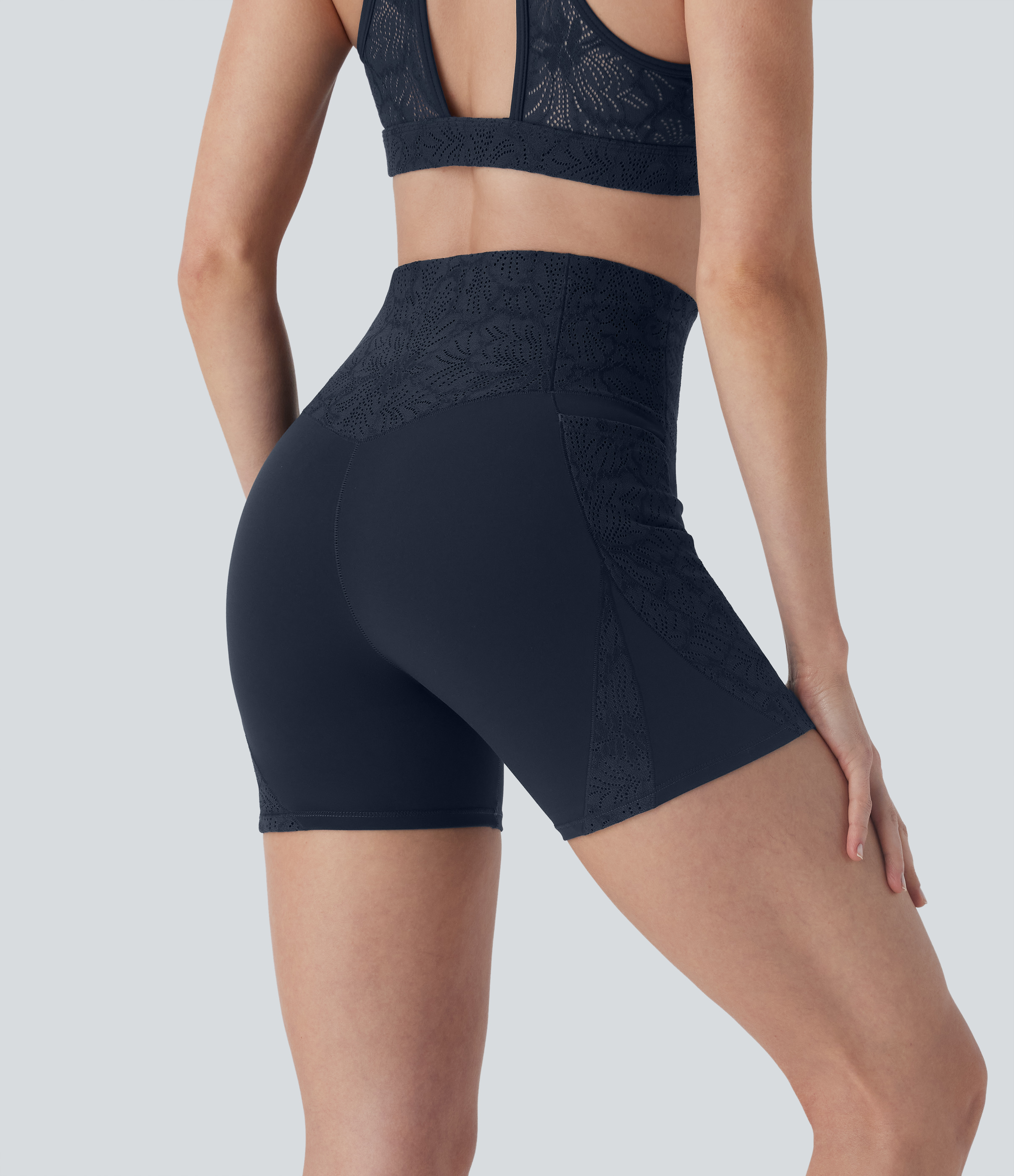 Halara UltraSculpt™ High Waisted Tummy Control Contrast Lace Shaping Training Biker Shorts 5'' with Pockets