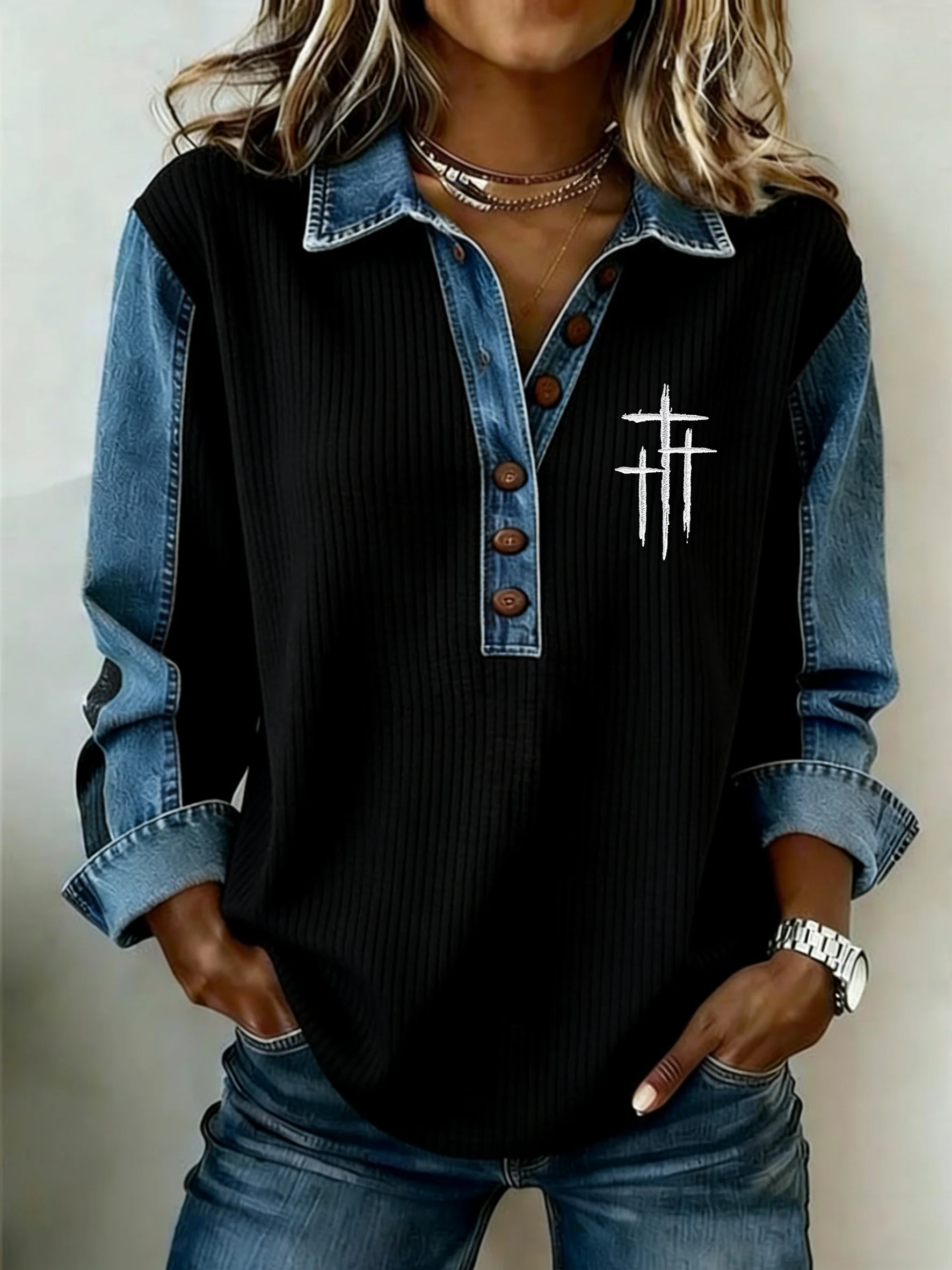 Women's Winter Fashion Casual Faux Denim Print Top-Fast Shipping