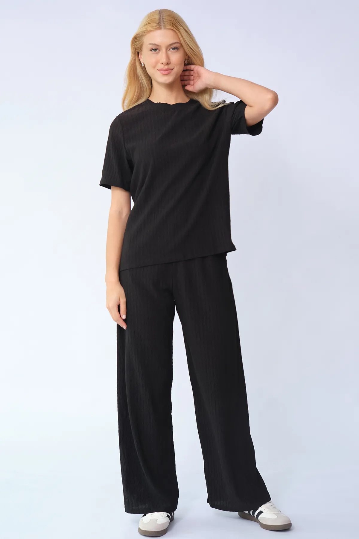 Cozy Solid Round Neck Short Sleeve Top & Wide Leg Trousers Co-ord