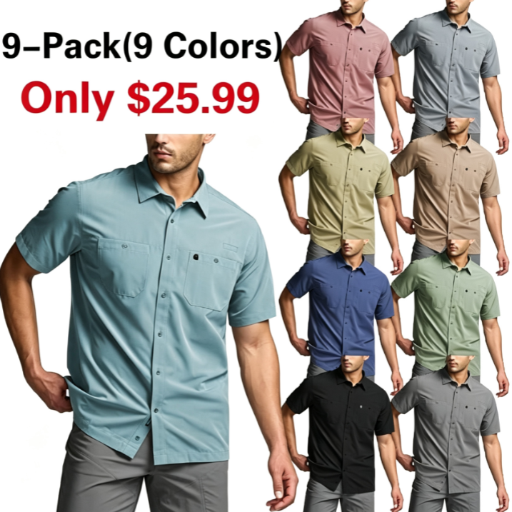 Men's Short Sleeve Tactical Shirts, UPF 50+ Ripstop Military Work Shirts, Breathable Button Down Outdoor Hiking