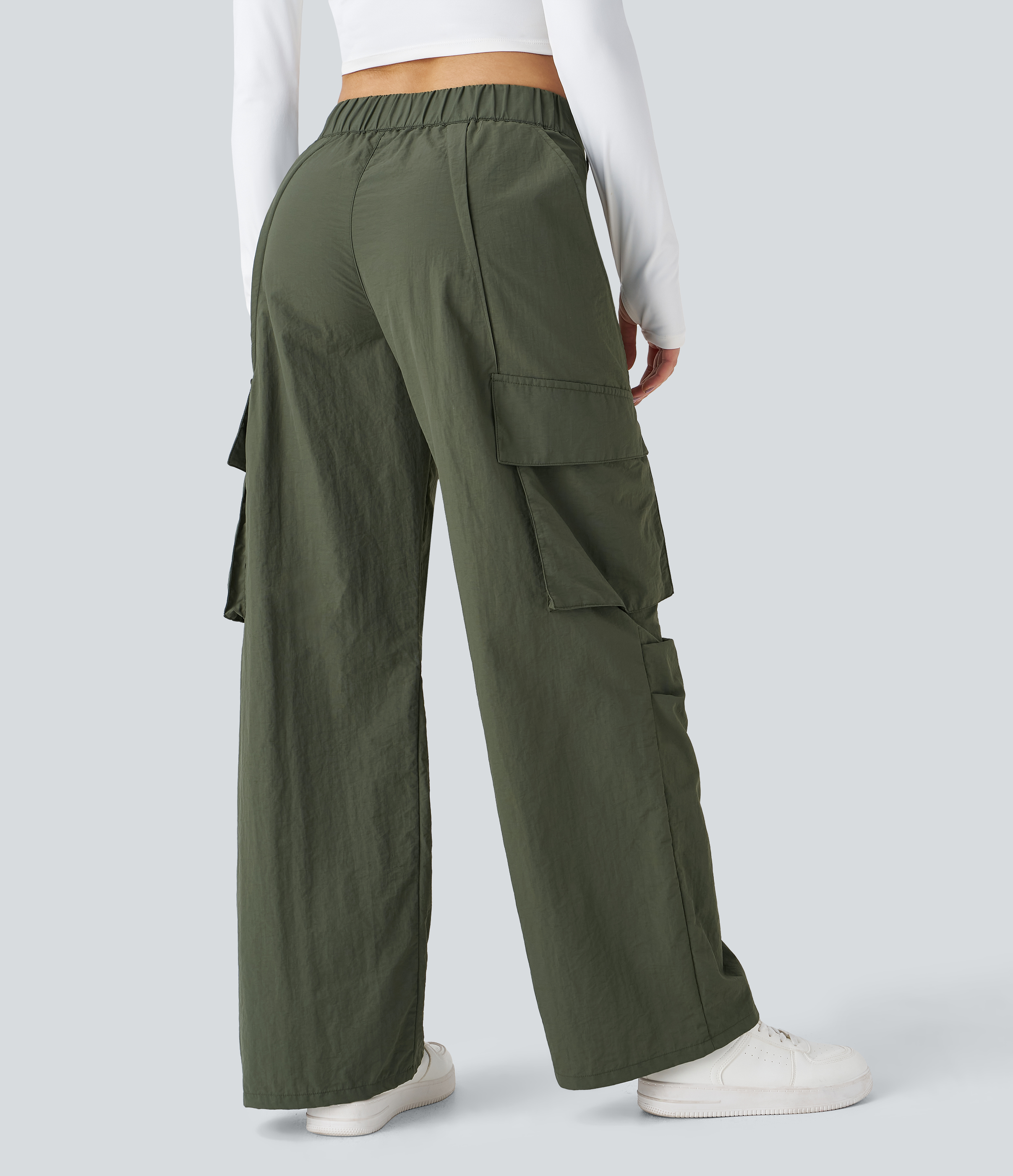 Mid Rise Button Zipper Side Pocket Wide Leg Casual Cargo Pants