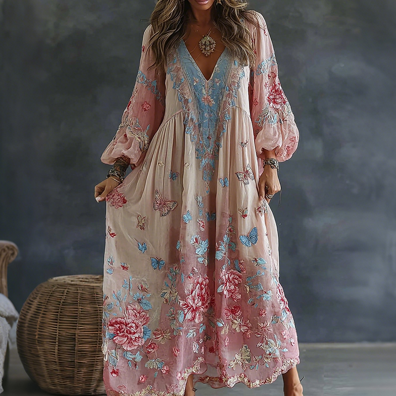 Women's Floral And Butterfly Art Print Flowy Linen Blend Casual V Neck Maxi Dress