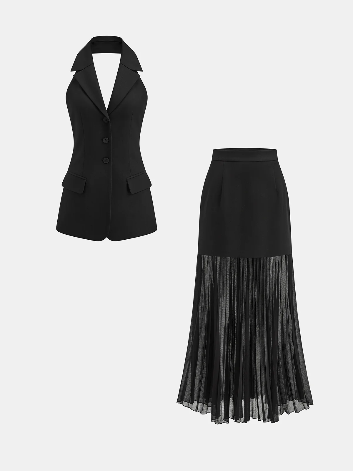 Halter Blazer Vest & Sheer Pleated Maxi Skirt