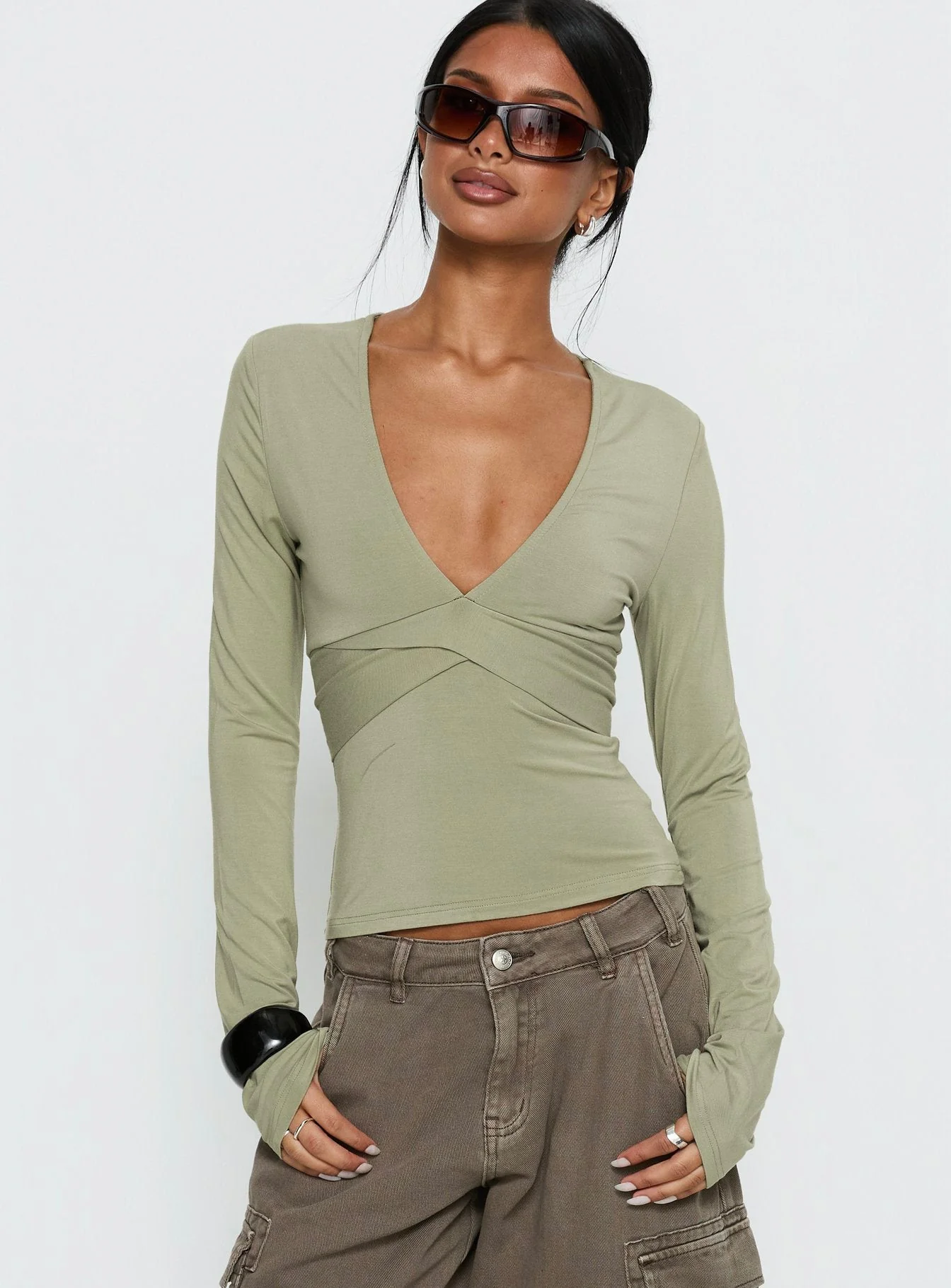 Madelon Long Sleeve Wrap Top Sage