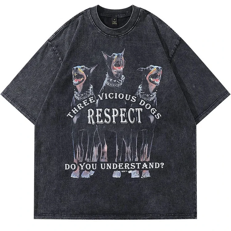 / Vintage Punk Streetwear Hip Hop Doberman Dog Graphic Print Washed Oversize T-Shirt