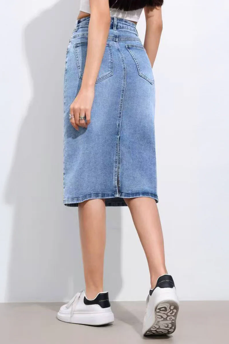 Casual Irregular Button Design Denim Straight Skirt