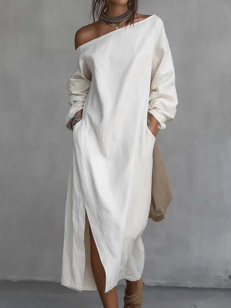 Women's Casual Solid Color One-shoulder Cotton Linen Maxi Dress