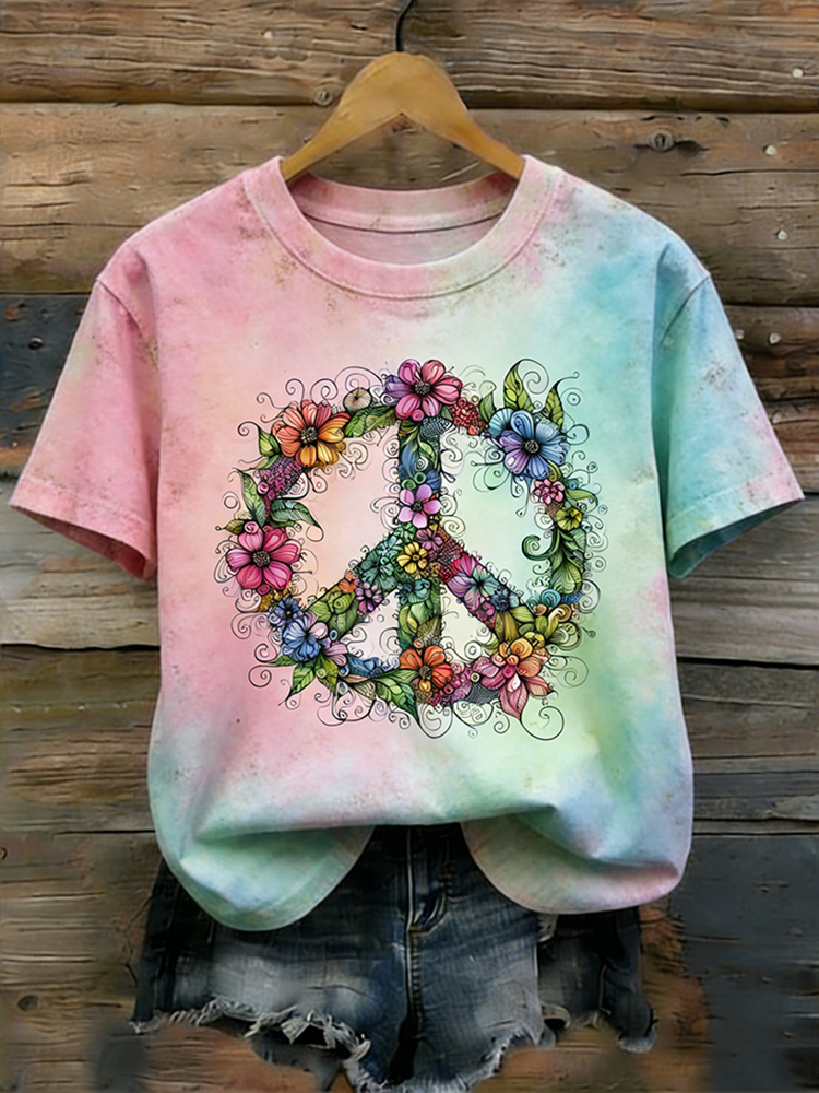 Retro Color Plant Flower And Peace Sign Pattern Printed Short-sleeve T-shirt