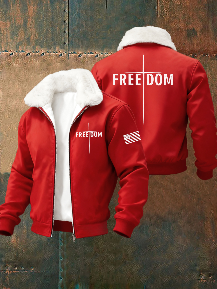 Men's Freedom 1776-2026Flag Printed Fur Collar Zip-Up Jacket