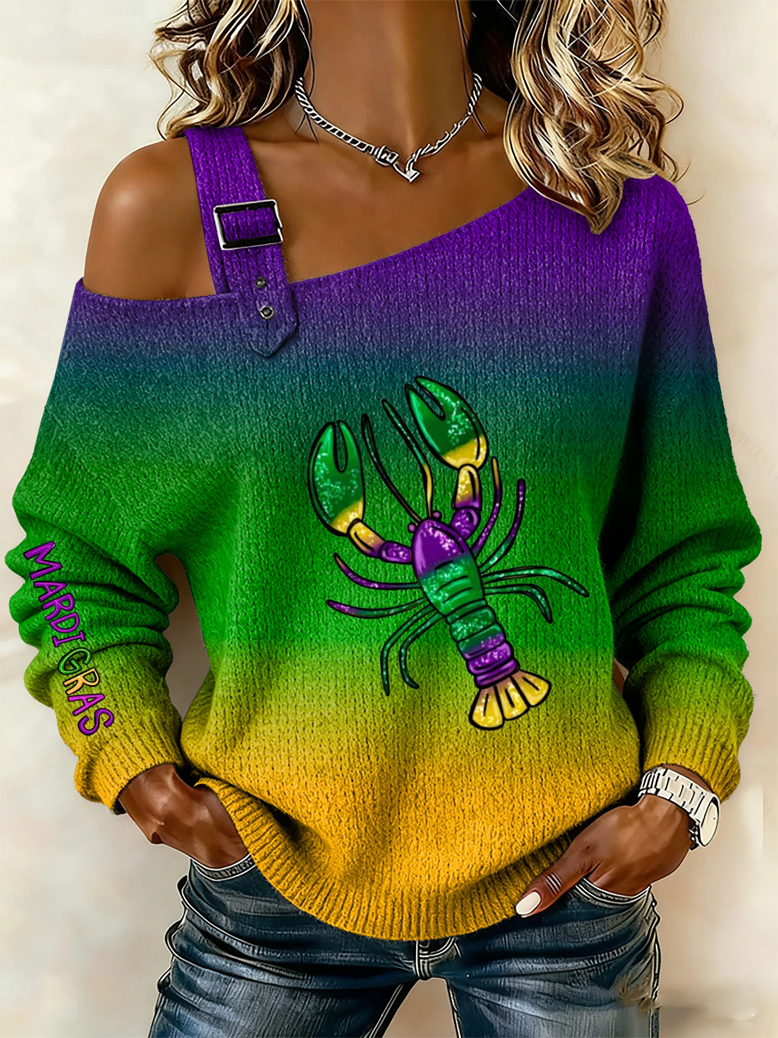 Women's Mardi Gras  Print Off-Shoulder Knit Top
