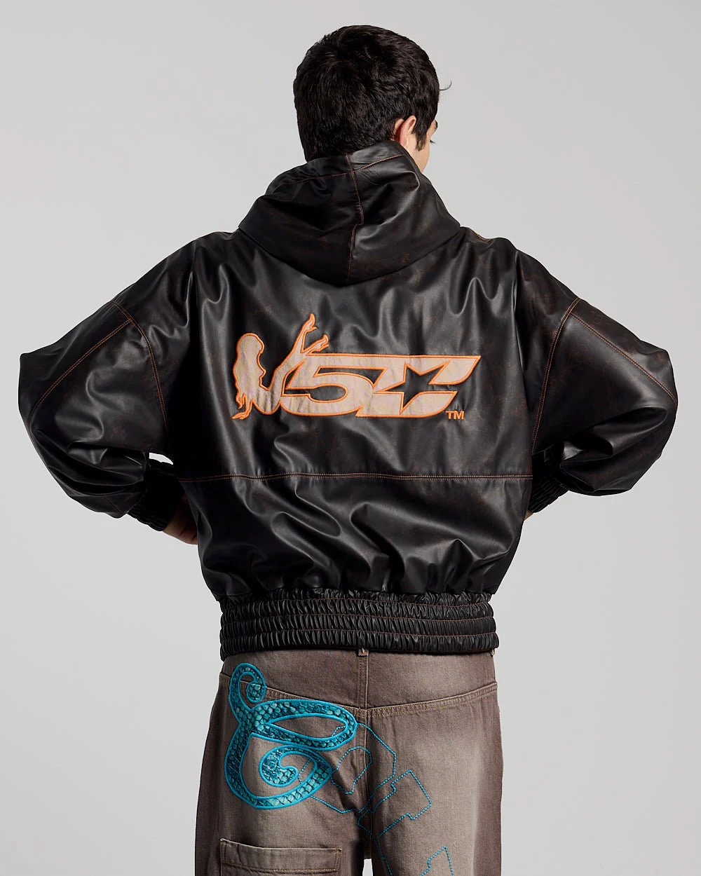 FAUX LEATHER ZIP HOODIE BROWN