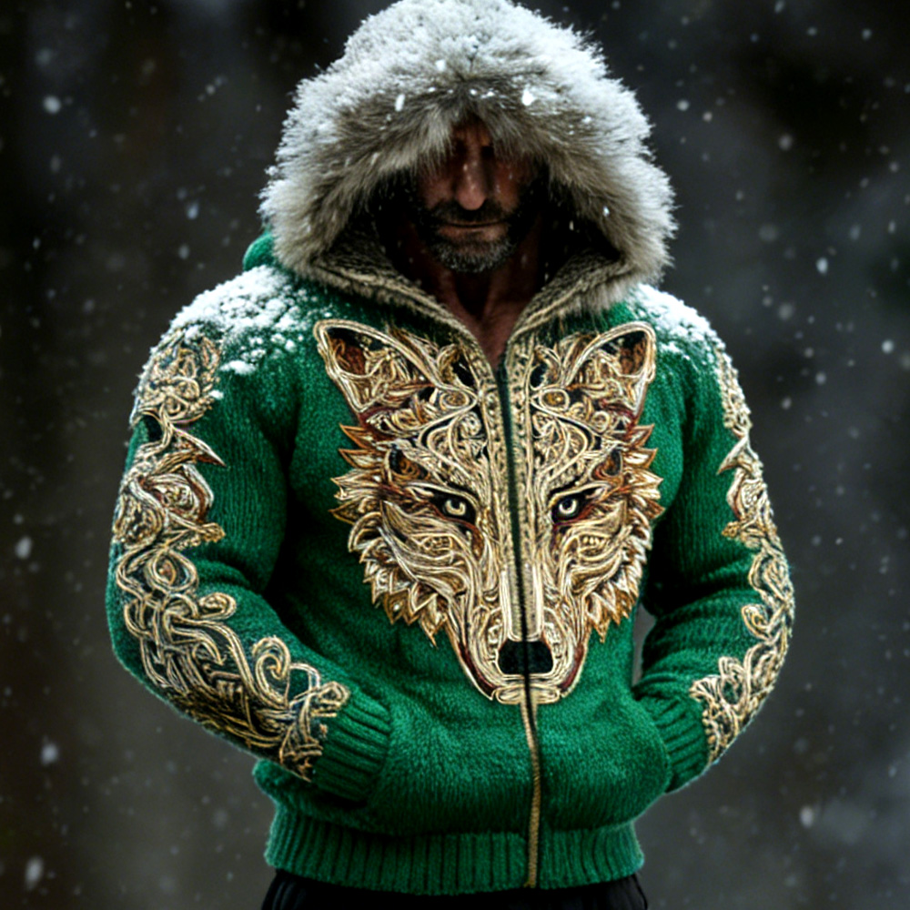Men's Retro Viking Wolf Embroidered Print Hooded Jacket