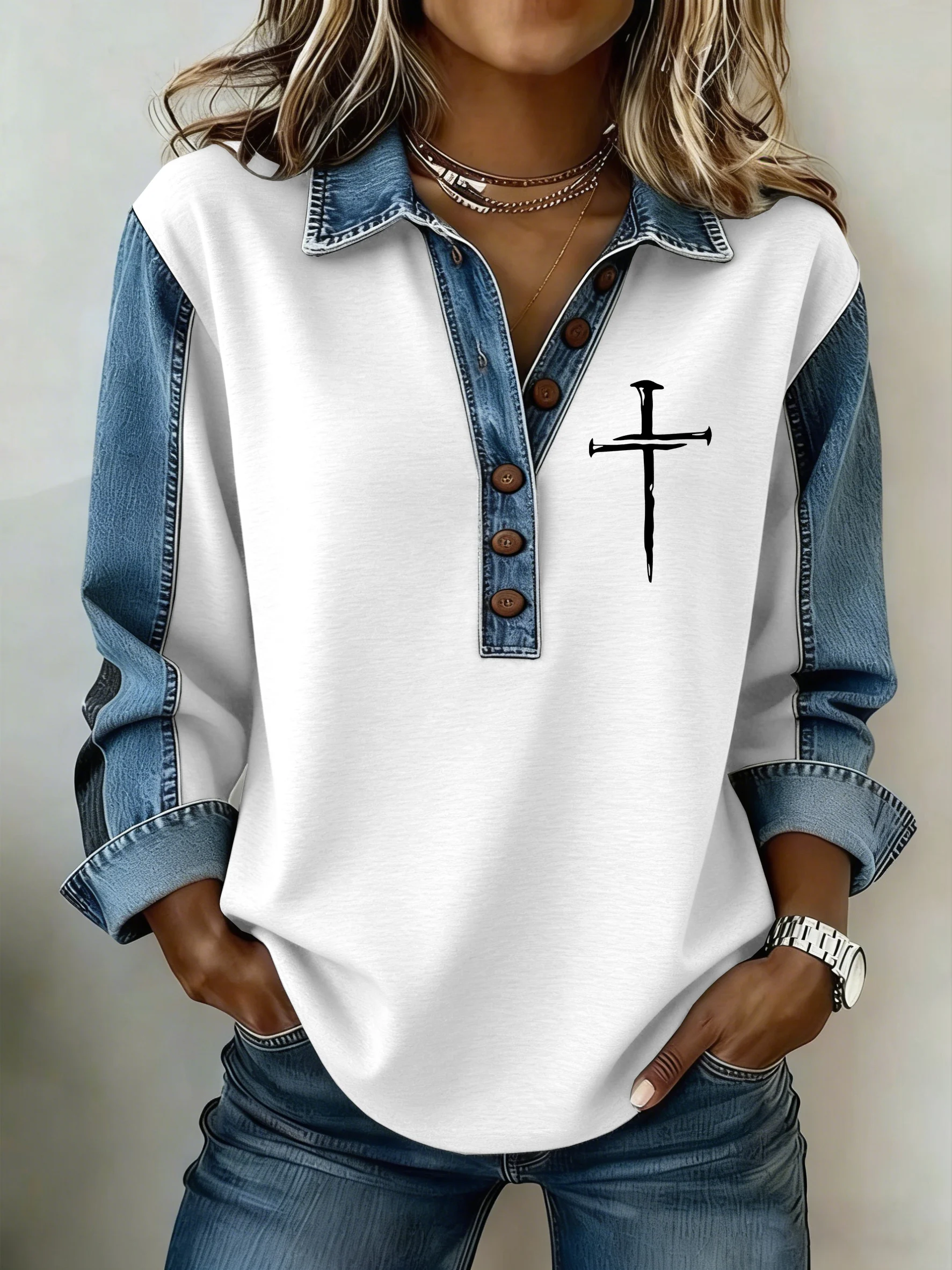 Women's Vintage Faith Cross Inspired Color-Block Design Collared Button-Up Sweatshirt-Fast Shipping