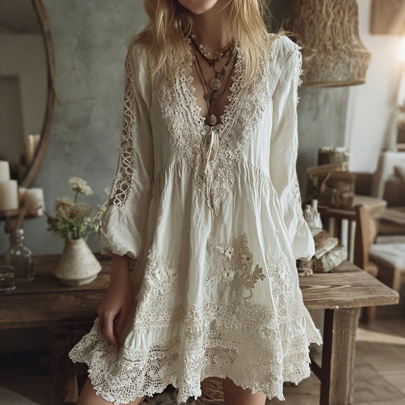 Women's Vintage Lace Floral Art Linen Midi Dress