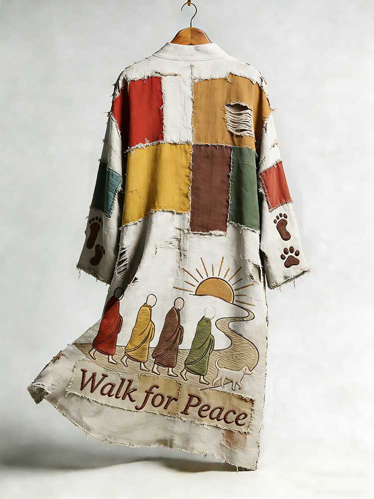 Peace Walk Art Patchwork Print Linen Long Cardigan