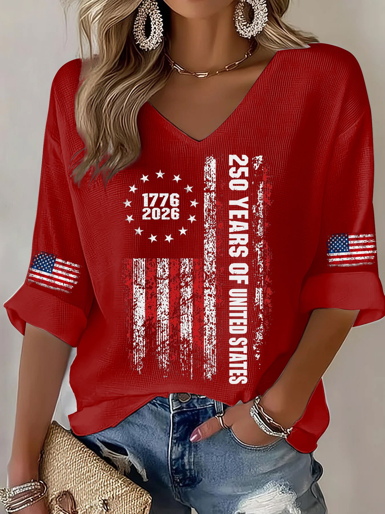 Women’s USA 250th Anniversary Embroidered Print Waffle Knit V-Neck T-Shirt