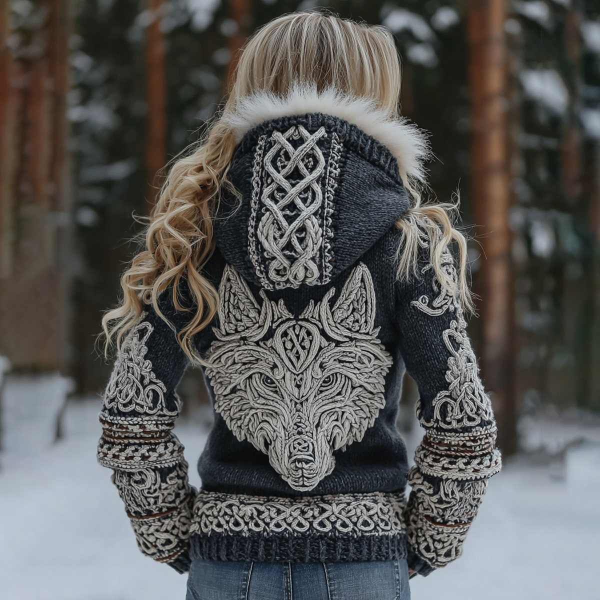 Women's Retro Viking Wolf Jacquard Hooded Knit Sweater Jacket