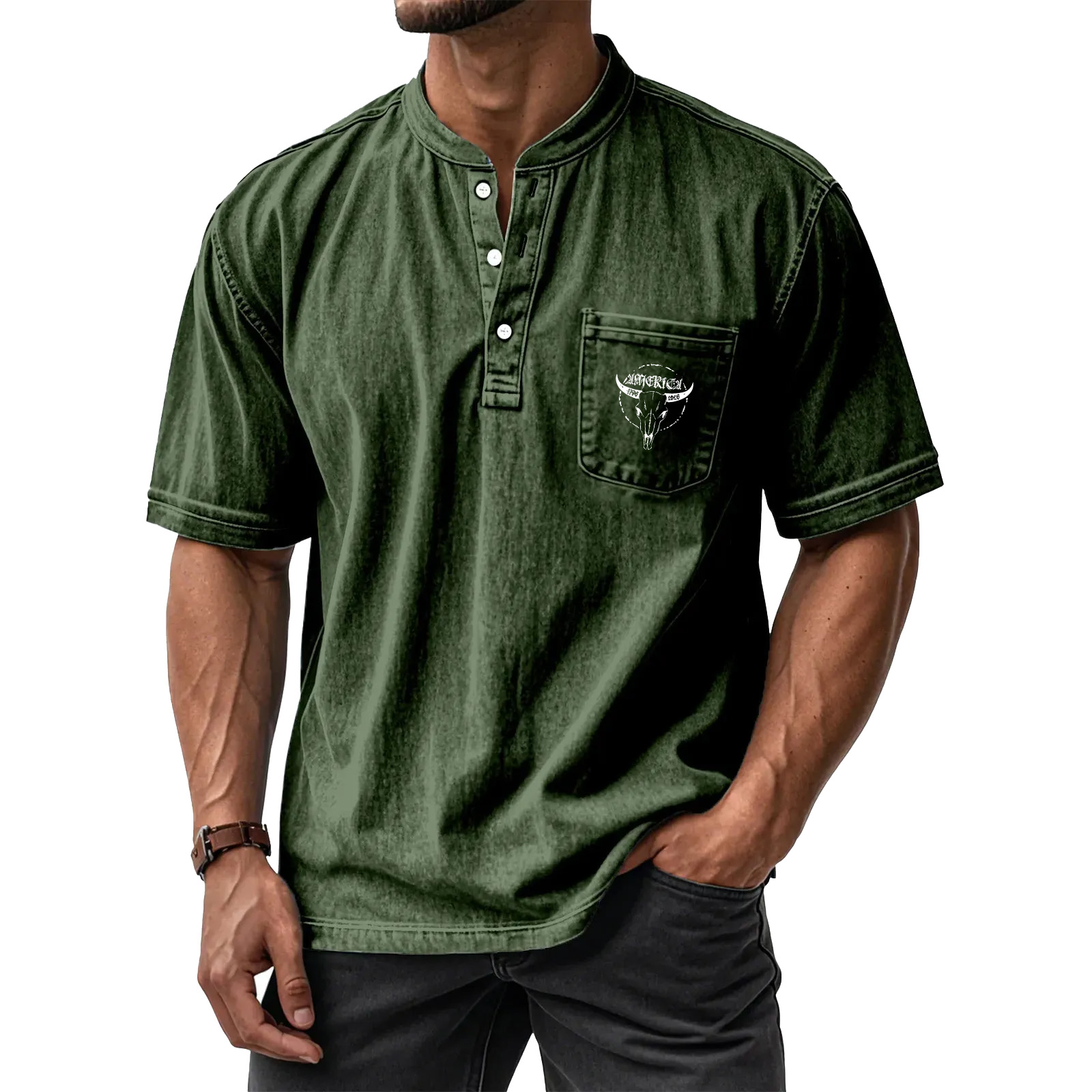 Men's Washed Cotton Short-Sleeve Henley Collar T-Shirt (Upgraded Version)