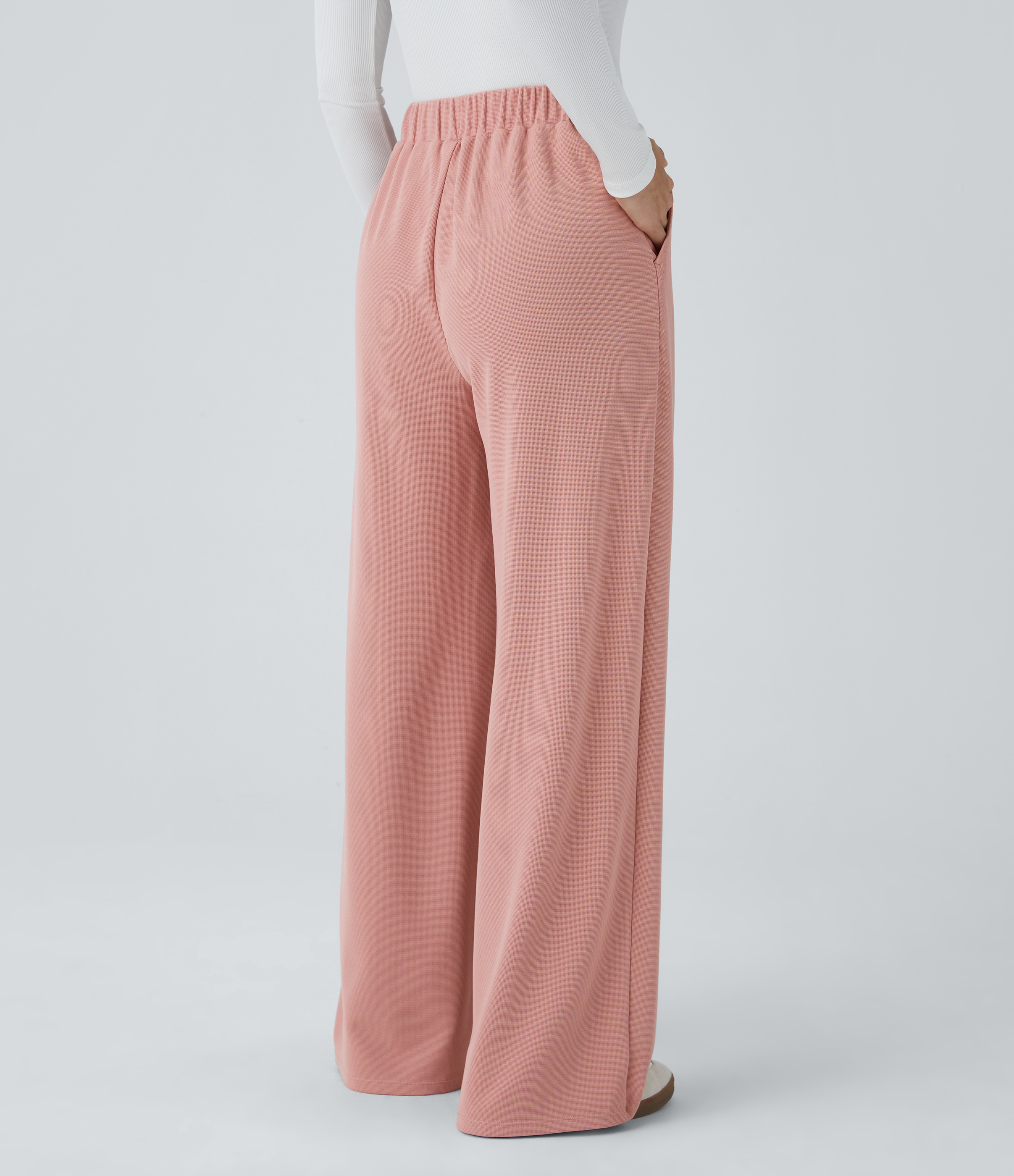 High Waisted Pocket Wide Leg Waffle Casual Pants