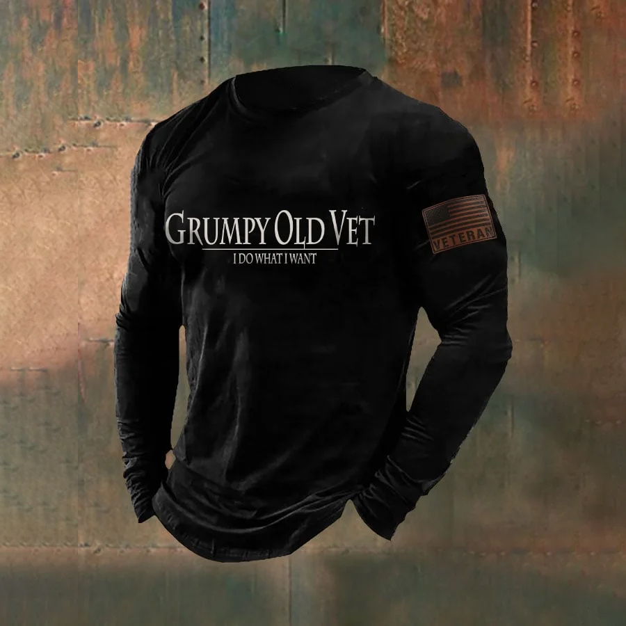 Men's Veteran Flag Printed Casual Long Sleeve T-Shirt