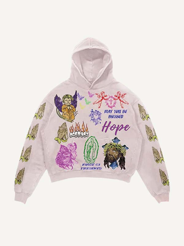 Angel&Pray&Figure&Letter&Graphic Print Slant Pockets Hoodie