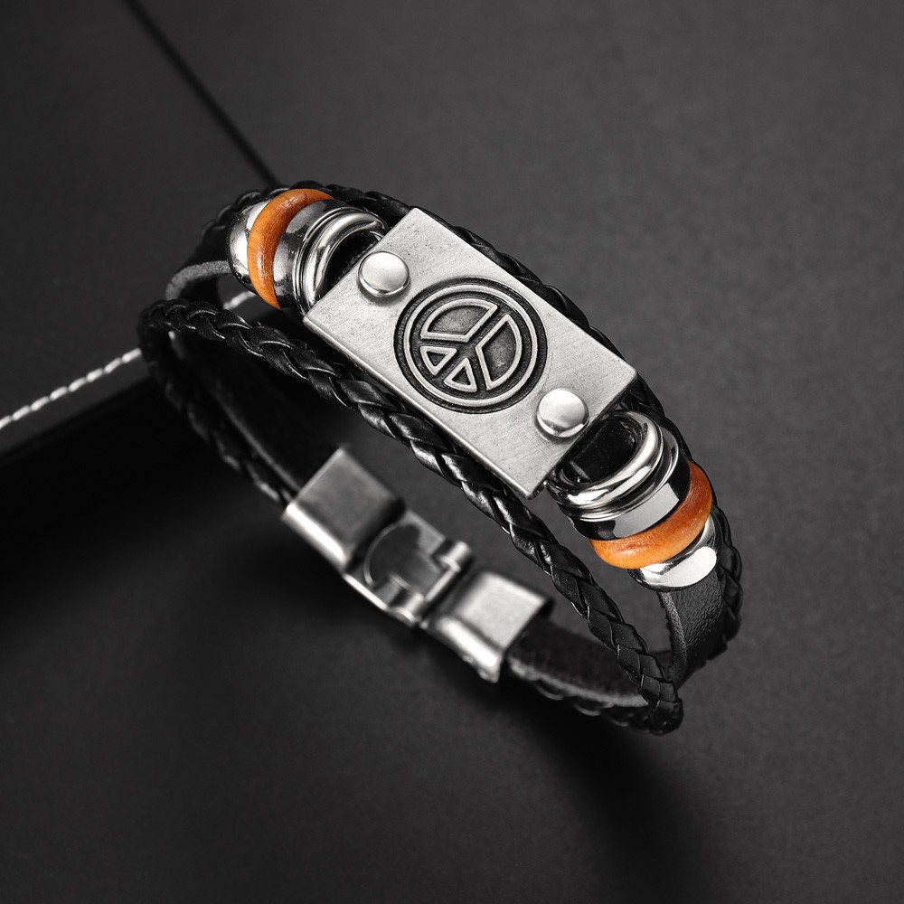 Retro Peace Sign Bead Design Leather Bracelet