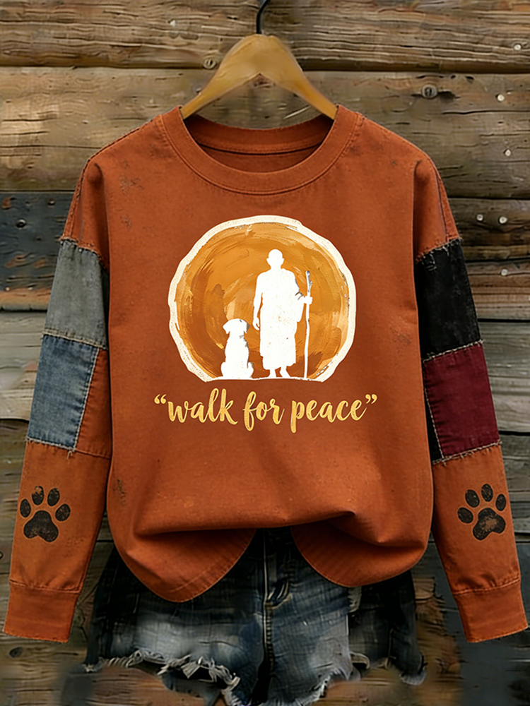 Walk For Peace Slogan Retro Print Round Neck Sweatshirt