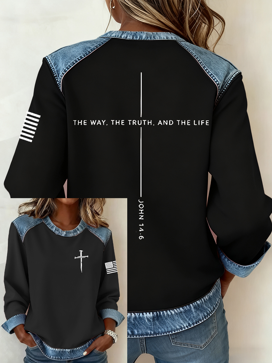 Women's Jesus The Way The Truth The Life John 14:6 Christian Cross Denim Patchwork Top