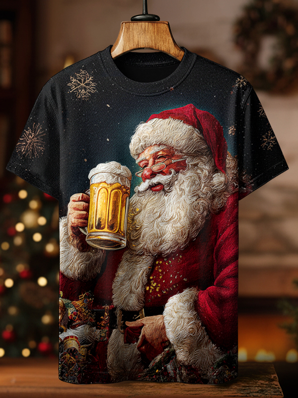 Men's Christmas Santa Claus Beer Oil Painting Print Casual T-Shirt