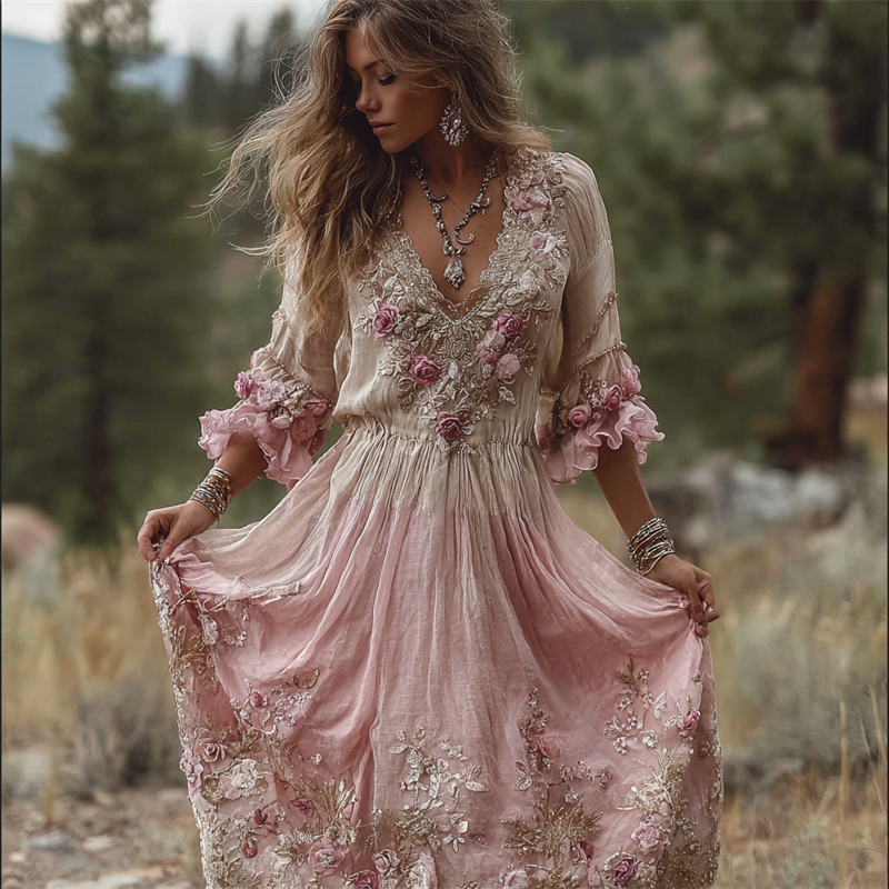 Boho Pink Roses Lace Gradient Linen Maxi Dress