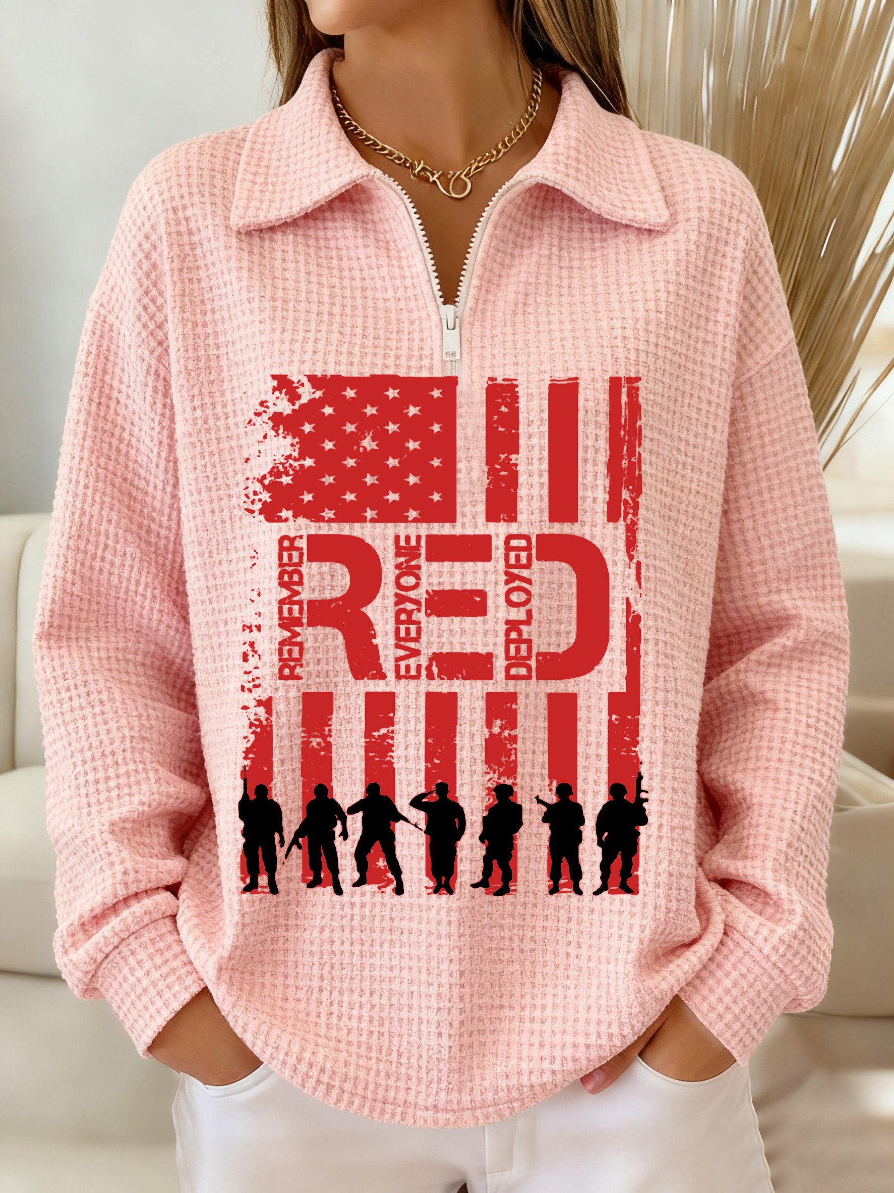 Women's Friday Let's Wear Red Remember All Veterans Print Waffle Lapel Top